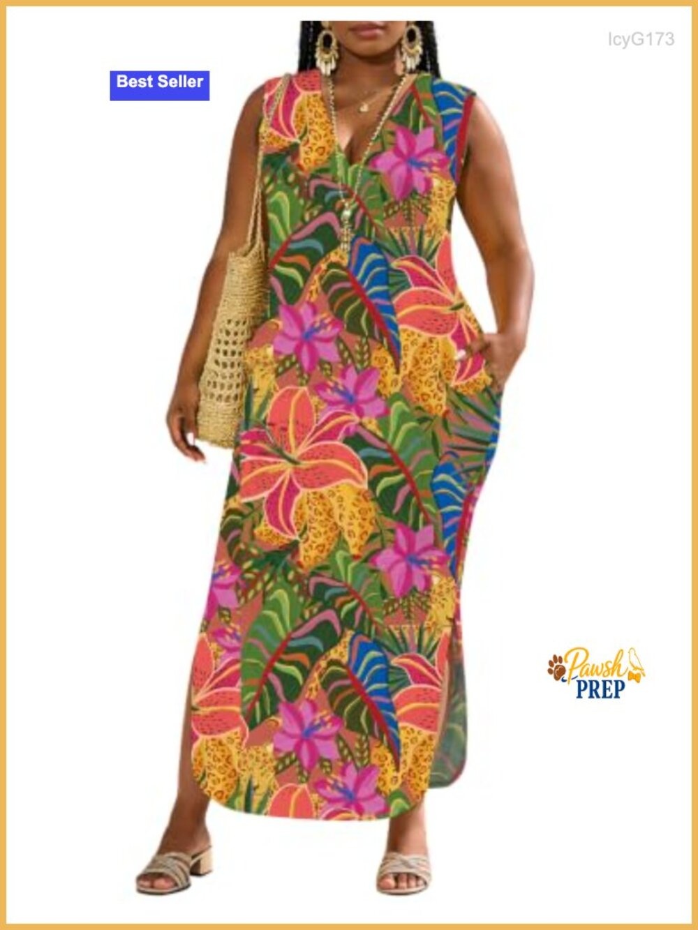 Plus Size Sleeveless Maxi Dress Hawaiian Boho Beach Sundress with Pockets